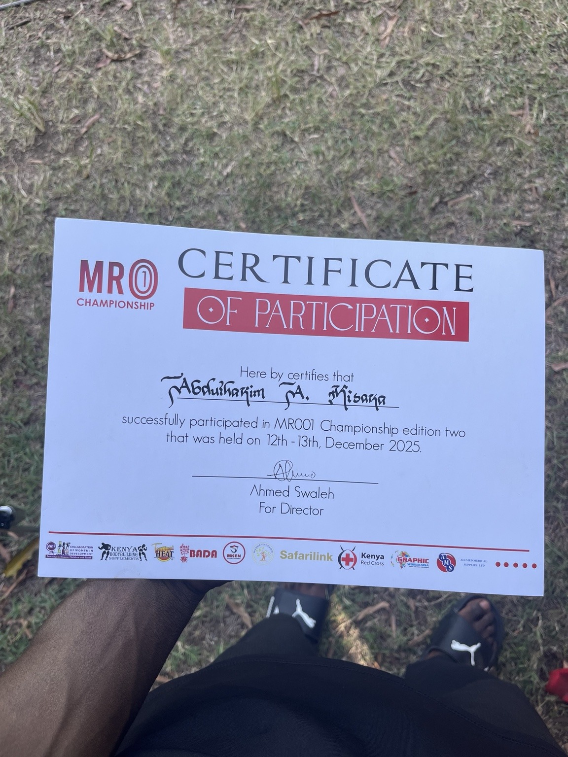 Mr. 001 Championship 2025 certificate of participation